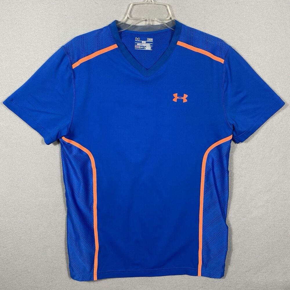 Under Armour Mens Large Blue HeatGear Fitted V-Neck Running Gym Shirt SS
